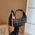 Black and grey plaid crescent bag with knot handle and pink heart charm - Black with Pendant