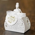 Elegant white laser-cut wedding favor box with ribbon and Thank You tag on wood - White (With Thank You Tag)