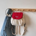 Mini casual backpack with a red flap and cream body featuring a YOU JI BEAR logo - Red (Small)