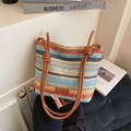 Sac seau tissé à rayures colorées avec anses en cuir marron et logo de marque - Sans Pendentif / Marron