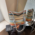 Sac seau tissé à rayures colorées avec poignées rondes bleu clair pour vacances à la plage - Sans Pendentif / Bleu