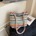 Sac seau en paille tissée à rayures colorées avec bandoulières nouées et plaque logo métal - Sans Pendentif / Kaki