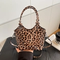 Borsa leopardata lucida con manico rotondo e tracolla rimovibile per donna chic - Cachi