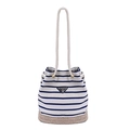 Blue and white striped bucket bag with woven base and nautical rope drawstring handles - Blue