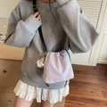 Lavender purple drawstring bucket bag with plush charm and slim black strap for women - Purple With Pendant