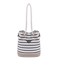 Chic black and white striped bucket bag with straw base and rope shoulder straps - Black