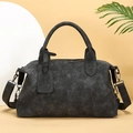 Retro dark grey satchel bag with matte suede texture and adjustable shoulder strap - Black
