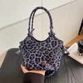 Fashionable purple leopard print tote bag with glossy finish and detachable strap - Blue