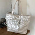 Chic pearl white metallic nylon tote bag with front zipper pocket and shoulder strap - White
