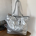 Silver metallic puffer tote bag with Honeymoon embroidery and spacious interior compartment - Silver