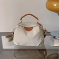 Minimalist beige nylon crossbody bag with brown leather patch and dual handles - Khaki