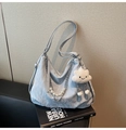 Detail of light blue pleated tote with metal chain pearl strap and cloud charm accessory - Blue (With Pendant)