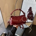 Retro burgundy oil wax leather cylinder handbag with adjustable buckle strap for women - Red