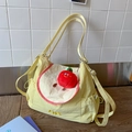 Sac fourre-tout jaune pastel motif pomme avec pendentif en peluche rouge mignon - Jaune Pomme Avec Pendentif