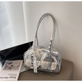 Silver metallic dumpling bag with lace bows and heart charms for a y2k aesthetic look - Silver (With Pendant)