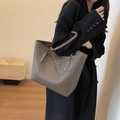 Fashionable dark brown woven leather tote bag with large capacity and shoulder straps - Coffee