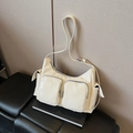 Creamy white glossy faux leather shoulder bag with multi-pocket moto style design - White