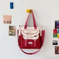 Versatile red and beige canvas satchel bag with MondayLucy logo for daily commuting - Red