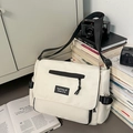 Creamy beige large capacity messenger bag with black wide straps and branded fabric label - Without Pendant / White and Black