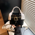 Black litchi grain box handbag with pink silk scarf handle and gold hardware detail - Black