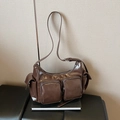 Vintage dark brown glossy underarm bag with multiple pockets and adjustable shoulder strap - Brown