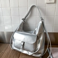 Metallic silver large tote bag in glossy finish with front flap pocket and shoulder straps - Silver