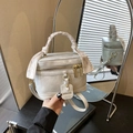Beige faux leather box bag with silk scarf handle and gold-tone hardware detail - Gray