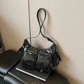 Retro black glossy leather crossbody bag with multiple pockets and adjustable shoulder strap - Black