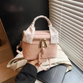 Pink box-shaped handheld crossbody bag with silk scarf handle and golden hardware - Pink