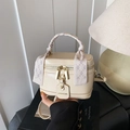 Beige box style handbag with purple silk scarf handle and gold double zippers - White