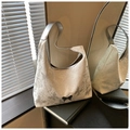 Detail of silver butterfly print and metallic buckle on white hobo shoulder bag - White