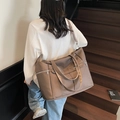 Brown large capacity fashion tote bag with silver zippers and long shoulder strap - Khaki