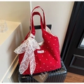 Floral canvas tote bag in red with a large white lace bow and sturdy handles - Burgundy