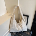 Blue plaid canvas tote bag with a decorative bow and wide shoulder strap for commuting - Off-white