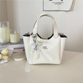 Creamy white small bucket bag with crocodile texture and pearl lace charm detail - Beige With Charm