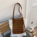 Sac fourre-tout en toile bicolore avec détails en cuir marron ondulé et anses - Marron