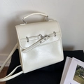 Minimalist creamy white faux leather small backpack with elegant silver ring hardware decoration - White