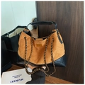 Detail of suede crossbody bag with gold chain strap and diamond lattice stitching - Brown