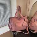 Large capacity lotus pink nylon tote bag with small round coin purse and adjustable strap - Pink