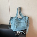 Light blue nylon tote bag with small coin purse and adjustable wide shoulder strap - Blue