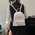 Cute pink bear print small backpack with bow and pearl detail for teenage girls - Seersucker Texture Bear