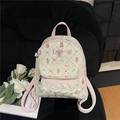 Cute cream and pink backpack with bear prints, lace hem, and heart embroidery - Seersucker Lace Buckle