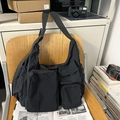 Large black nylon functional shoulder bag with multiple pockets and adjustable strap - Black