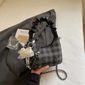 Checkered dumpling handbag with heart embroidery and pearl charm in gray black - Black with Pendant