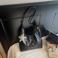Minimalist black leather hobo shoulder bag with silver star pendant and large capacity - With Charm / Black