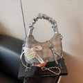 Gray checkered mini bag with silver ruched handle and pearl heart charm accessory - Silver (With Pendant)