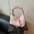 Pink plaid dumpling bag with pleated handle and pearl heart charm on a book - Pink with Pendant