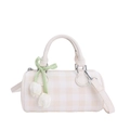 Borsa a cilindro a quadri beige e marrone con ciondolo a tulipano verde e tracolla - Grande / Bianco
