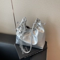 Chic silver metallic pleated tote bag with drawstring closure and star pendant - With Charm / Silver