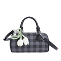 Borsa Boston a scacchi nero e grigio con ciondolo a tulipano bianco e tracolla - Grande / Nero